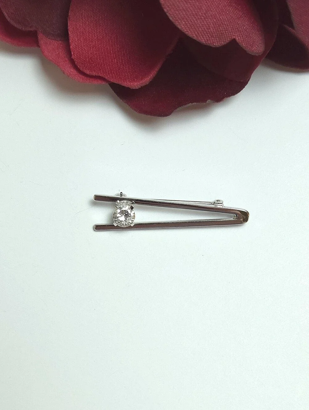 Vintage Sterling Silver & Cubic Zirconia Crystal Gemometric Brooch